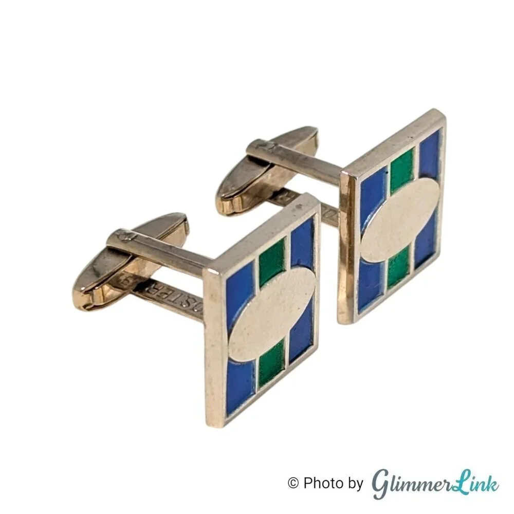 Vintage Foster Blue & Green Square Geometric Art Deco Style Gold Tone Cufflinks